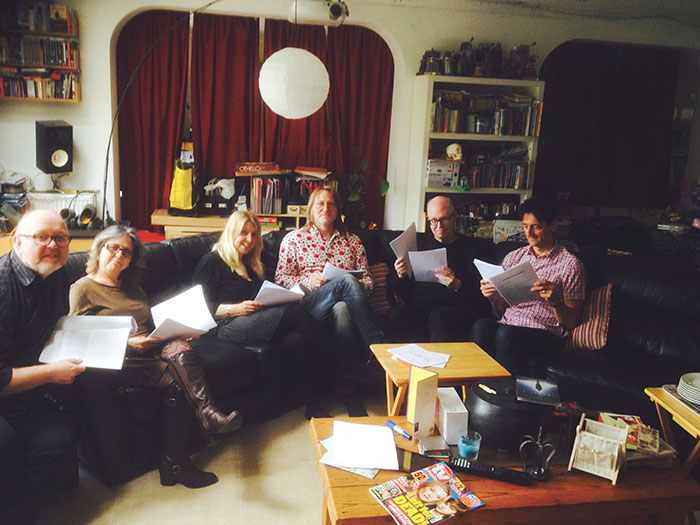 Custom music composer with actors Graham and Carrie Brooks, Karen Fisher, Richard James and Simon Woodham read Musical script